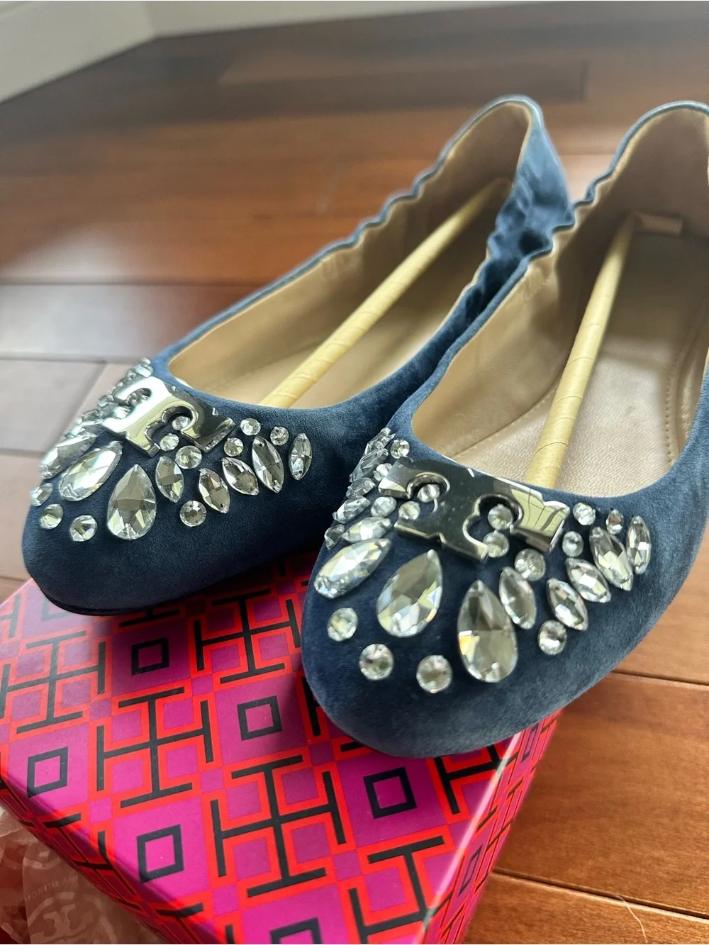 Tory Burch Navy Suede Crystal-Embellished Ballet Flats
